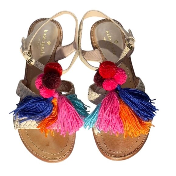 KATE SPADE New York Sunset Women's Sandals Beige Leather Woven Tassel Size 7M - Picture 2 of 16